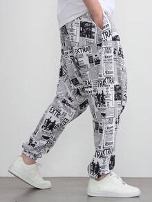 بنطلون هاريم فضفاض بطباعة صحيفة قديمة للرجال، بنطلون طويل كاجوال للارتداء اليومي، الرياضة، عطلة الشاطئ، الخريف