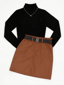 Kit 1 Bodysuit 1 Casual Knitted Leather Skirt With Belt - 駝色 - 查看 1