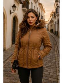Women's Double-Sided Plush Parka Jacket With Removable Hood Pockets Casual Elegant Coated Fabric 2-In-1 Pocket Daily Travel Brunch Airport Outfits - Màu nâu  Mocha - Xem 1