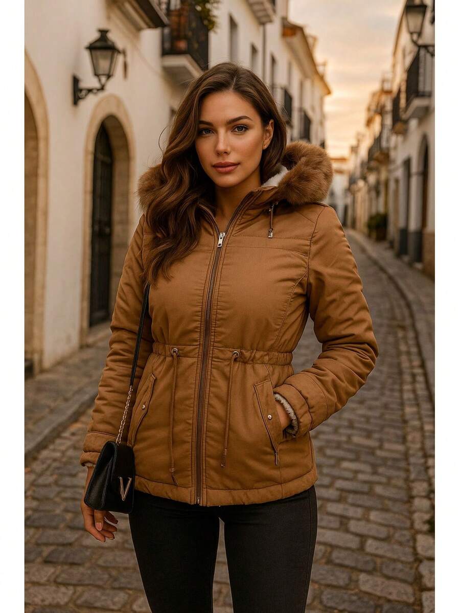 Women's Double-Sided Plush Parka Jacket With Removable Hood Pockets Casual Elegant Coated Fabric 2-In-1 Pocket Daily Travel Brunch Airport Outfits - Màu nâu  Mocha - Xem 1
