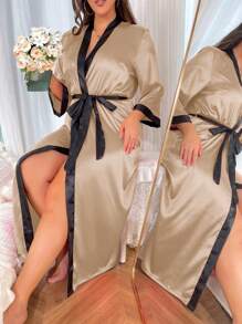 1pc Women Plus Size Ice Silk Short Robe Dress, Sexy & Fashionable For Home Wear, Spring/Autumn, For Fall, Cozy Outfit