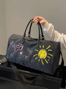 Thickened Canvas Cartoon Graffiti With Childlike Patterns, Wear-Resistant, Multi-Level, Large Capacity, Ultra Light, Foldable, Multifunctional, Zippered Single Shoulder Crossbody Handbag, Travel Bag, Luggage BagSuitable For Shopping, Wallet, Shopping, Young Women, College Students, Newcomers, White-Collar Workers. Very Suitable For Office, College, Work, Business, Commuting, Outdoor Activities, Travel And Outings