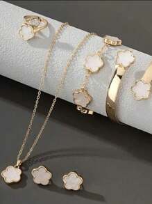 6pcs/Set:1pc Necklace, 1pc Bracelet, 1pc Earring, 1pc Ring, 1pc Lucky Flower Necklace