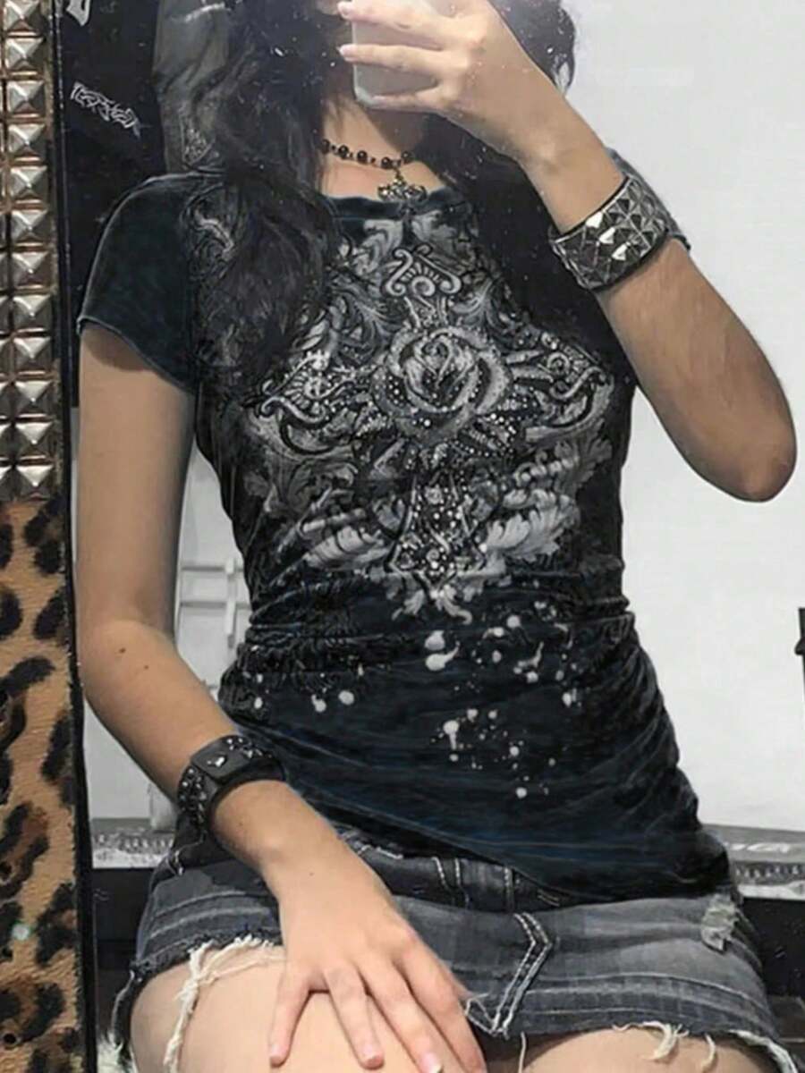 Women Y2k Fairy Grunge Shirt Top Punk Goth Graphic Short Sleeve Crewneck T Shirts E-Girls Slim Fit Tees Top Vintage Aesthetic Clothes Streetwear - màu đen - Xem 1