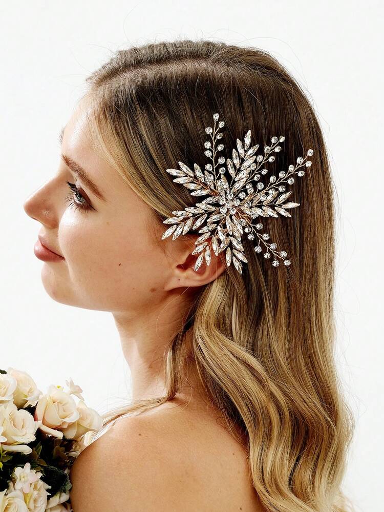 1个闪亮不对称水晶装饰奢华发夹，适合婚礼、派对、女士礼物 - 金色 - 查看 2