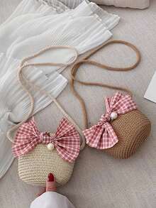 1 Stück handgemachte, naturinspirierte Mini-Stroh-Schleife-Umhängetasche, minimalistischer, frischer und einfacher Stil für Frauen