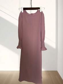 1pc Girls Kids Fuchsia Loose Dress, New Round Neck Ruffle Hem Solid Color Girls Kids Dress, Elastic And Comfortable, Suitable For Daily Outings, Home Wear Girls Arabic Abaya - Pink - View 25