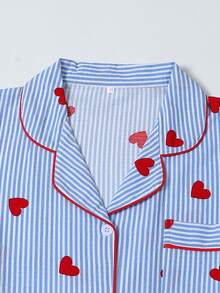 Conjunto de pijama de top de manga corta con estampado de rayas y corazones y shorts para mujer, color azul claro fresco - Azul - Ver 2