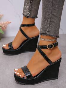 女士舒适新款夏季厚底坡跟凉鞋，时尚百搭轻便防滑透明拉菲草编织底带性感凉鞋