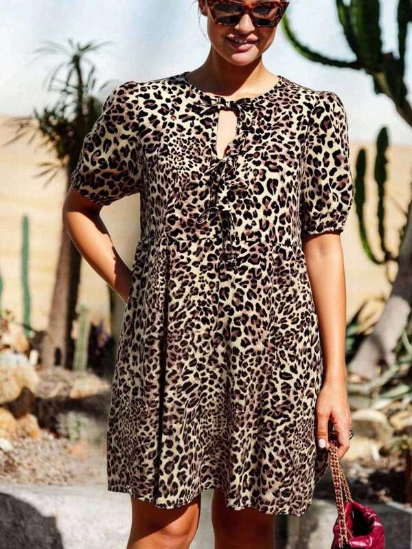 Women Elegant Leopard Print Round Neck Tie Front Short Sleeve Mini Dress