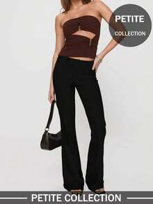 女士小码低腰休闲工作商务腰部纽扣设计松紧腰拼色条纹长裤，夏季/秋季，适合办公室商务休闲 - 黑色 - 查看 6