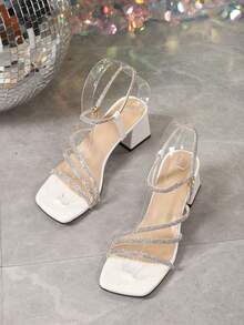 Sandalias de tacón alto blancas para mujer, un zapato dos formas, decoración con rhinestones, sandalia slip-on de tacón grueso y punta cuadrada, elegantes para fiesta, multifuncionales - Blanco - Ver 8