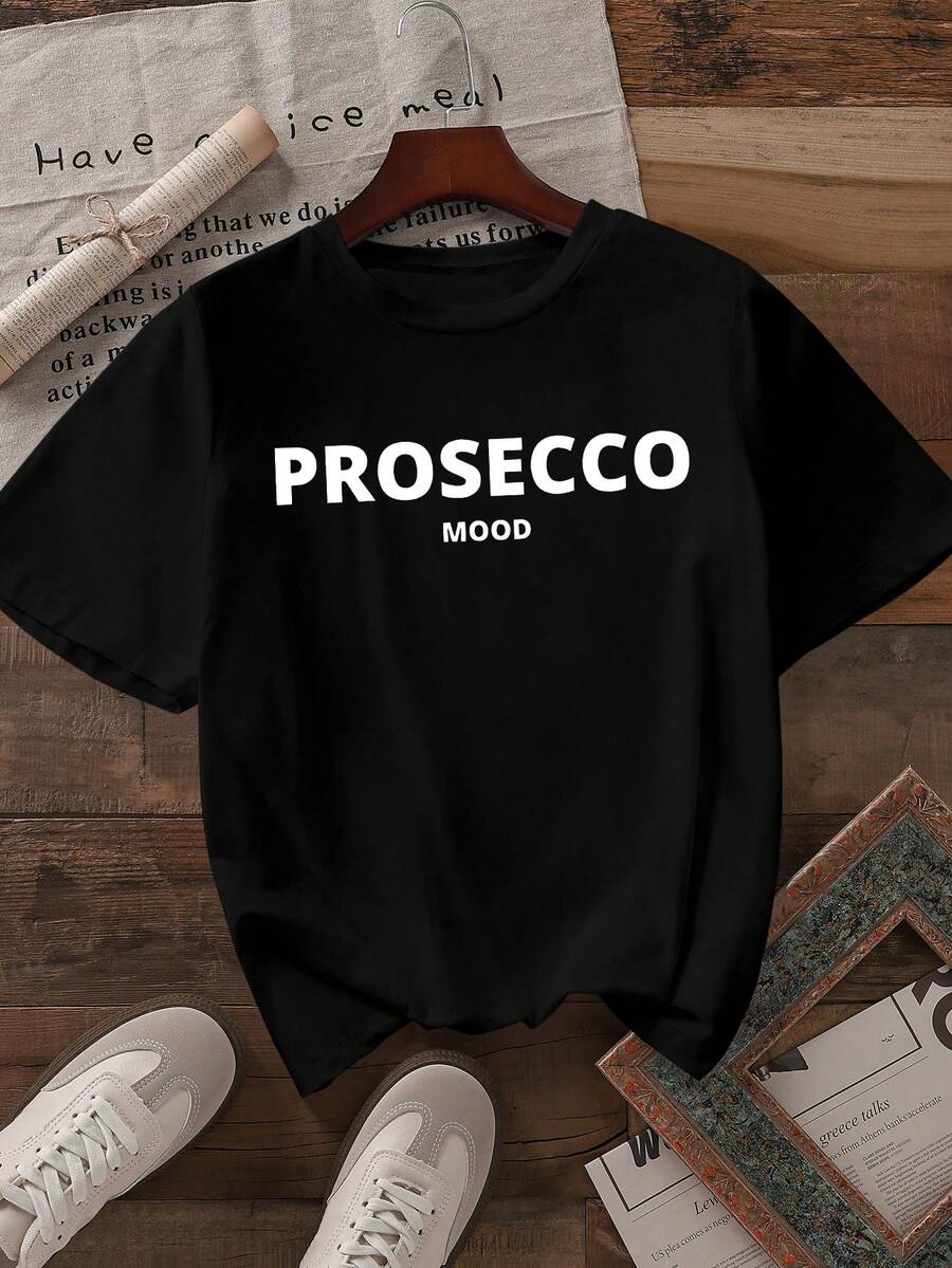 Howell Women'S Casual "Prosecco Mood" Letter Print T-Shirt, Round Neck, Regular Length - All Seasons Fashion Top - Black - View 1