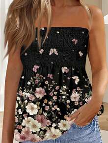 Women's Smocked Ruffle Tube Tops Floral Print Strapless Bandeau Tops Flowy Hem Shirts - Black - View 2
