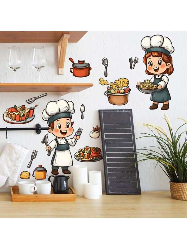 Kitchen Stickers/Decorative Stickers Cartoon Chef Food Stickers Waterproof And Dustproof Stickers, 1 Piece Pvc Material Removable Wear-Resistant Stickers, Wall Stickers 23.6*11.8 Inches, Suitable For Kitchen Decoration, Wall Decoration, Restaurant Decoration, Interesting Birthday Gifts, Graduation Gifts, Make Your Home A New Look