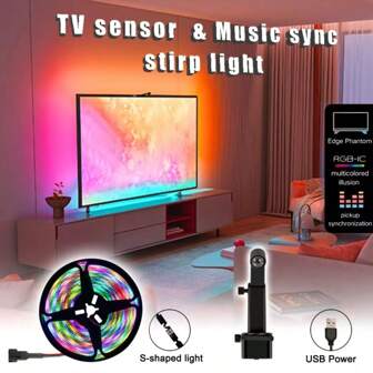 TV LED Backlight, Adjustable From 3.9 Feet To 16.4 Feet, Suitable For TVs With 55-65 Inch Screens And PC Displays, Sensor Equipped TV Backlight, Intelligent Application Control, Game And Music Synchronized Color Changing Lights