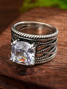 1 Stück Bohemian Stil vintage silberfarbener kubischer Zirkonia Ring für Damen, Verlobungsring für den täglichen Gebrauch