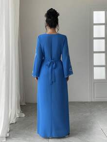 Saudi Arabia Dubai Fashionable Rhinestone Embellished Robe, Summer Chiffon Abaya For Women, Modest - Blue - View 7