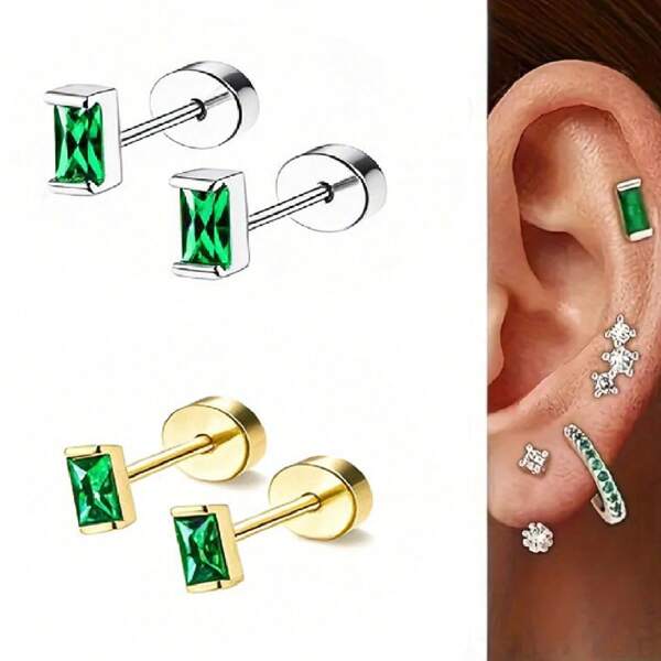 A Pair Of Elegant Retro-Style Green Synthesized Zirconia Earrings For Ladies, Suitable For Parties And As Gifts.