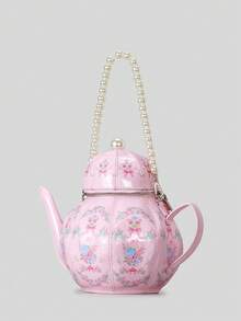 Sweet Girl Retro Lolita Pearl Chain Printed Teapot Handbag Creative Single Shoulder Crossbody Bag Personalized Handbag