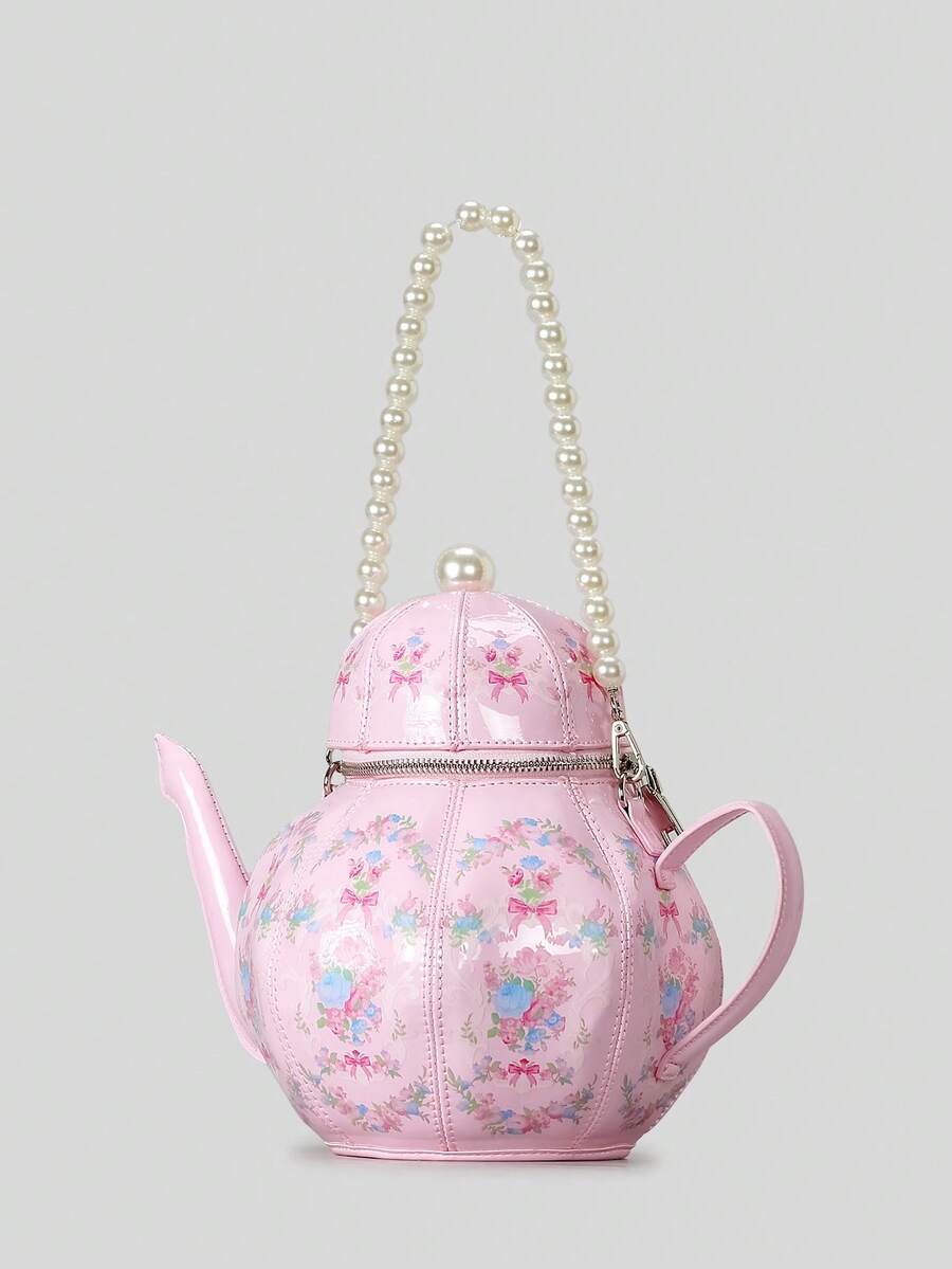 Sweet Girl Retro Lolita Pearl Chain Printed Teapot Handbag Creative Single Shoulder Crossbody Bag Personalized Handbag
