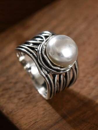 1pc Bohemian Vintage Silver Faux Pearl Women Wedding Engagement Ring For Daily Wear