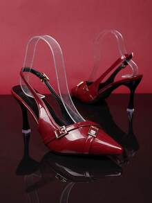 1 双女童勃艮第高跟凉鞋，纯色亮面材质，金属扣装饰，尖头细高跟坡跟鞋，适合派对、购物、旅行、夏季 - 酒紅色 - 查看 2