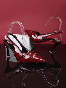 1 双女童勃艮第高跟凉鞋，纯色亮面材质，金属扣装饰，尖头细高跟坡跟鞋，适合派对、购物、旅行、夏季 - 酒紅色 - 查看 7