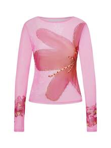 Womens Y2K Floral Sheer Mesh Shirts Tops Sexy See Through Long Sleeve Round Neck Rhinestone T Shirts Slim Fit Crop Tops Spring Summer Going Out Tops Blouses Beach Club Streetwear - Hồng - Xem 3