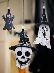 1Pc Halloween DIY Wooden Hanging Ornaments – Ghost, Skull & Witch Hat Cutouts With String For Spooky Wall, Door, Ceiling, Party, Haunted House Decor Home Decor Halloween Decor Fall Decor Room Decor