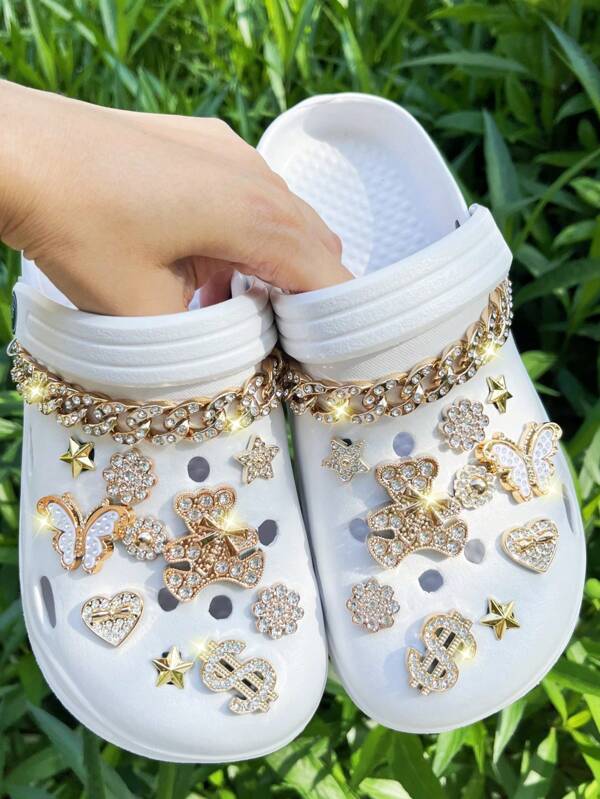 22pcs Rhinestone Accent Teddy Bear, Butterfly, Star Detachable Shoe Charms Decorations, Suitable For Garden Shoes, Beach Sandals & Slippers