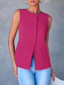 Women's Summer Suit Vest Top Formal Business Casual Sleeveless Button Slimming All Fashion Suit Jacket Vest - Màu Hồng Tươi - Xem 5
