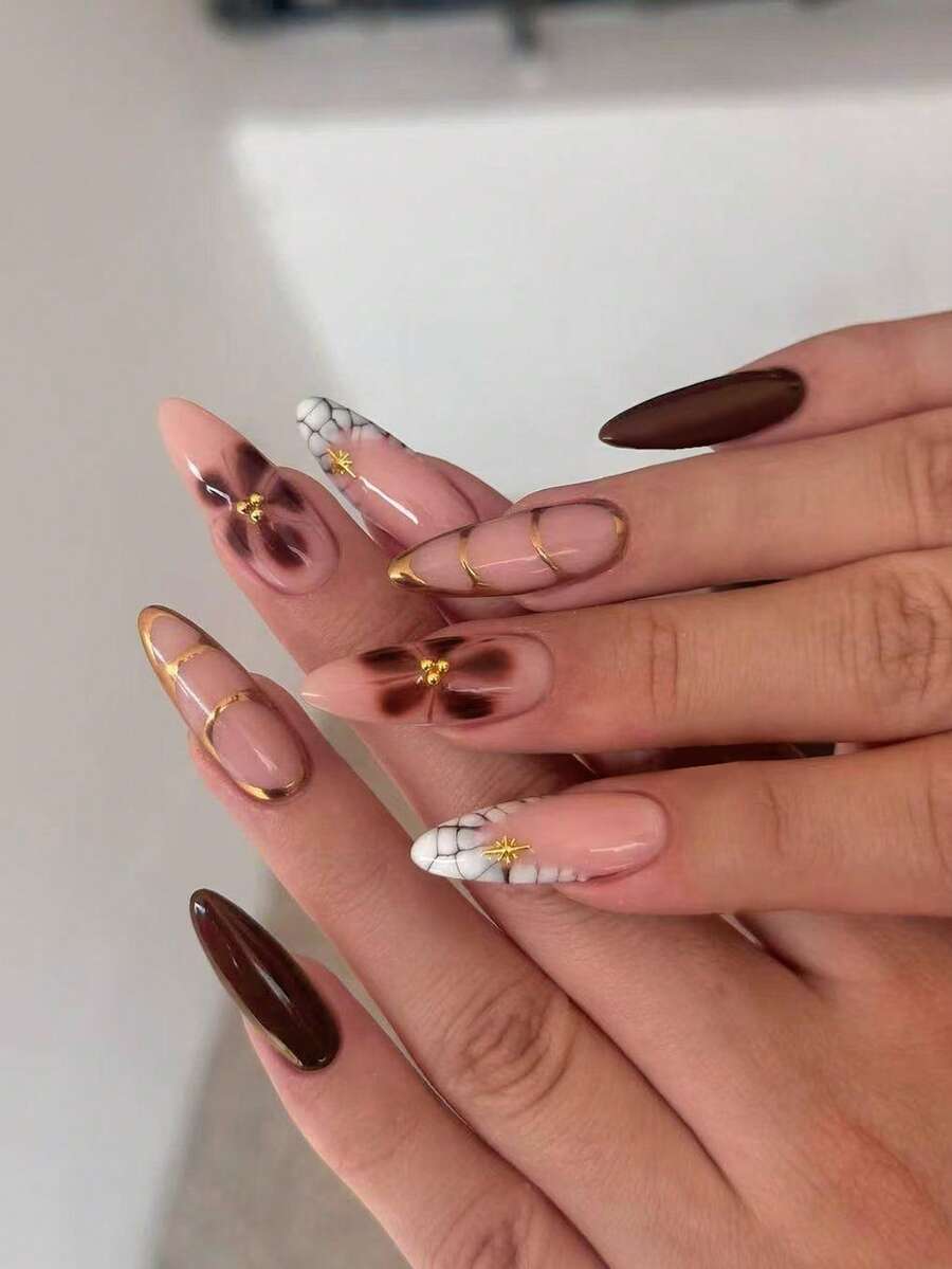 24 件长杏仁花指甲，带小钢球设计，法式亚克力按压指甲，长款完美贴合假指甲套装，包含 1 件果冻胶和 1 件指甲锉，易于佩戴棕色指甲和法式尖头指甲艺术，适合女士女孩日常工作佩戴狂欢派对使用美甲用品指甲 - 彩色 - 查看 1