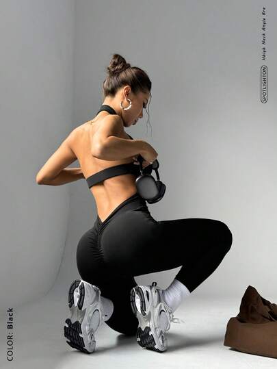 FWH Hot Girl Fitness Life 新款性感基础款运动风蜜桃提臀优雅无袖高腰露背浪漫休闲修身瑜伽连体裤 黑色夏季