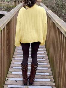 1pc Women Solid Color Versatile & Comfortable Knit Cardigan Sweater, Loose Fit, Long Sleeve - 黃色 - 查看 4