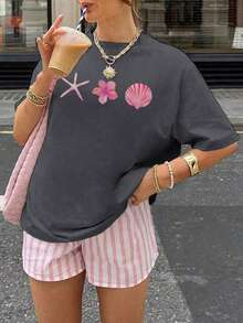 女士夏季新款简约贝壳海星印花休闲度假风百搭圆领杏色短袖T恤，时尚日常上衣，适合日常度假穿着。女士白色印花T恤 - 深灰色 - 查看 4