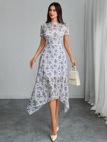 Đầm Gothic cổ điển in họa tiết lưới phối nhiều mảnh, cổ cao, eo cao, vạt bất đối xứng, dành cho nữ, thanh lịch mùa hè. - Màu xanh lam - Xem 3