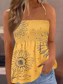 Women's Smocked Ruffle Tube Tops Floral Print Strapless Bandeau Tops Flowy Hem Shirts - Yellow - View 5