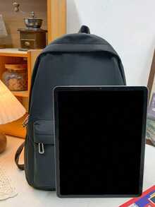 Mochila escolar de gran capacidad y multiusos de unicolor minimalista, de vuelta a la escuela - Negro - Ver 3