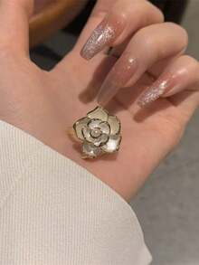 1pc Camellia Flower & Pearl Adjustable Ring, Elegant Drip Glaze Pearl Sophisticated Vintage Boho Ring