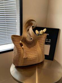 1pc New Fashionable Versatile Tote Bag, Beach Vacation Bag, New Arrival Fashionable Woven Beach Tote Bag, Lightweight Elegant Design, Women's New Straw Woven Handbag, Fashionable And Versatile Large Capacity Tote Bag, Handbag, Large Capacity, Suitable For Women, College Students, Teenagers, With Tassel Pendant, Summer Straw Beach Bag For Women,