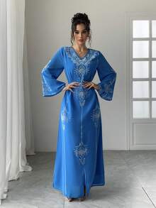 Saudi Arabia Dubai Fashionable Rhinestone Embellished Robe, Summer Chiffon Abaya For Women, Modest - Blue - View 4