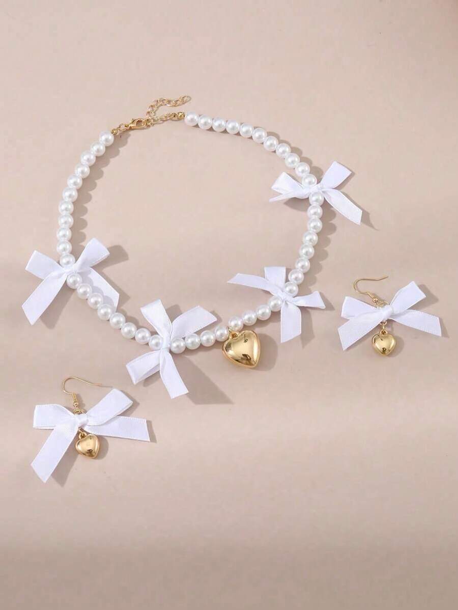 Conjunto de 3 peças de brincos e colar com pingente de coração e pérolas falsas, gargantilha com laço fofo e contas, joias para festivais de música