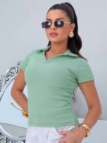 Women's Polo Shirt, Short Sleeve, Cotton, Simple, Casual, Knit, Everyday Wear - 薄荷綠 - 查看 4