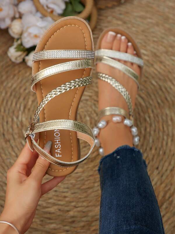 Cross-Border Trade Low-Cut Woven Snakeskin Patterned Plus Size Women's Flat Sandals, Outdoor