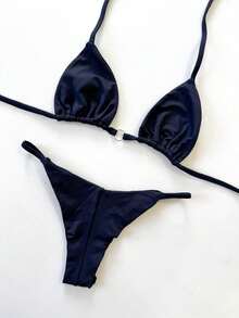 Triangle Bikini With Double String And RING - Ribbon Mark Summer Beach Holidays - 白色 - 查看 6