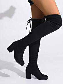 新款女式绒面弹性粗跟过膝靴，黑色，秋冬时尚高跟长靴，适合搭配短靴、迷你裙、牛仔裤 - 黑色 - 查看 5