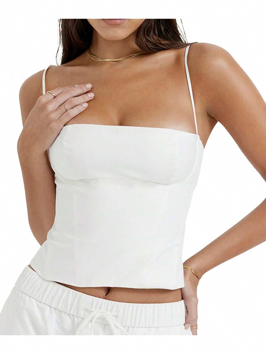 Camisetas de verano ajustadas para mujer, de unicolor, sin mangas, con espalda descubierta, recortadas, para salir. - Beis - Ver 1