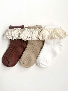 3 pares de calcetines cortos de color liso con ribete de encaje para niñas, para todas las estaciones - Multicolor - Ver 13