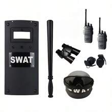 1 Conjunto De Fantasia De Policial, Acessórios De Plástico Para Baile De Máscaras, Escudo Antimotim Da Swat, Capacete Tático, Bastão, Luvas, Acessórios Para Festas, Acessórios Para Fotografia